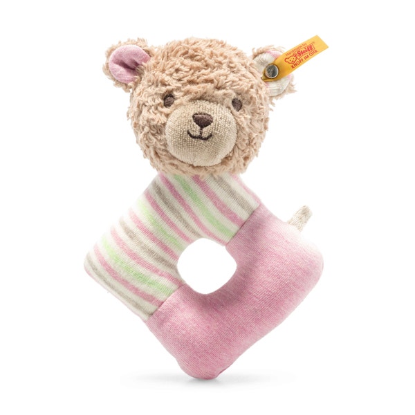 GOTS Rosy Teddy bear grip toy with rattle , 6 in, pink - Steiff.com